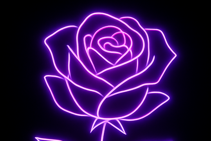 Generiere mir eine violett leuchtende neon rose auf schwarzem hintergrund, die rose soll nur aus linien bestehen