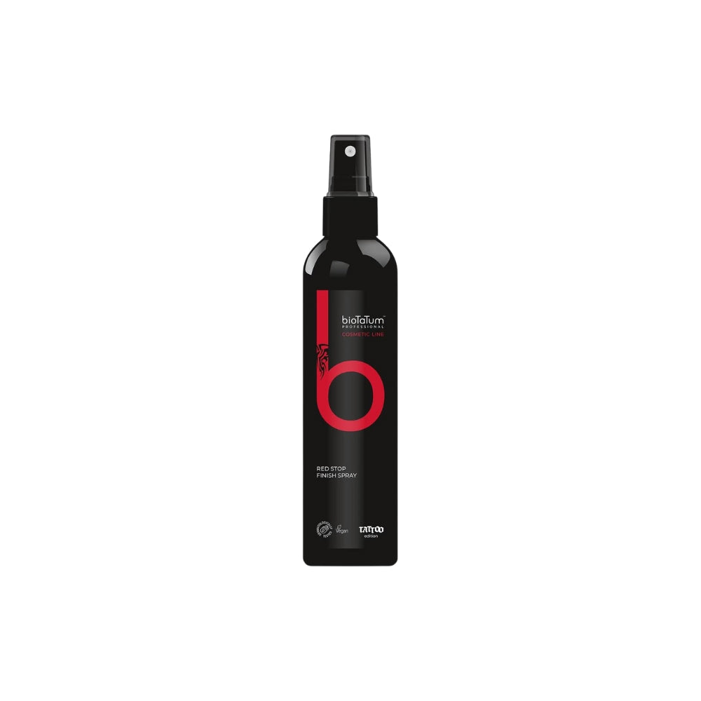 BioTaTum Redstop Finish Spray – stoppt Blutungen, beschleunigt Heilung, schützt Pigmente. Für leuchtende Tattoos und weniger Rötung."